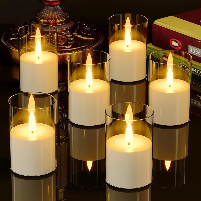 VIODAIM 6Pack Flickering Flameless LED Candles with Timer, Battery Powered - Small Pillar & Votive, Clear (2"X3") - Image 1